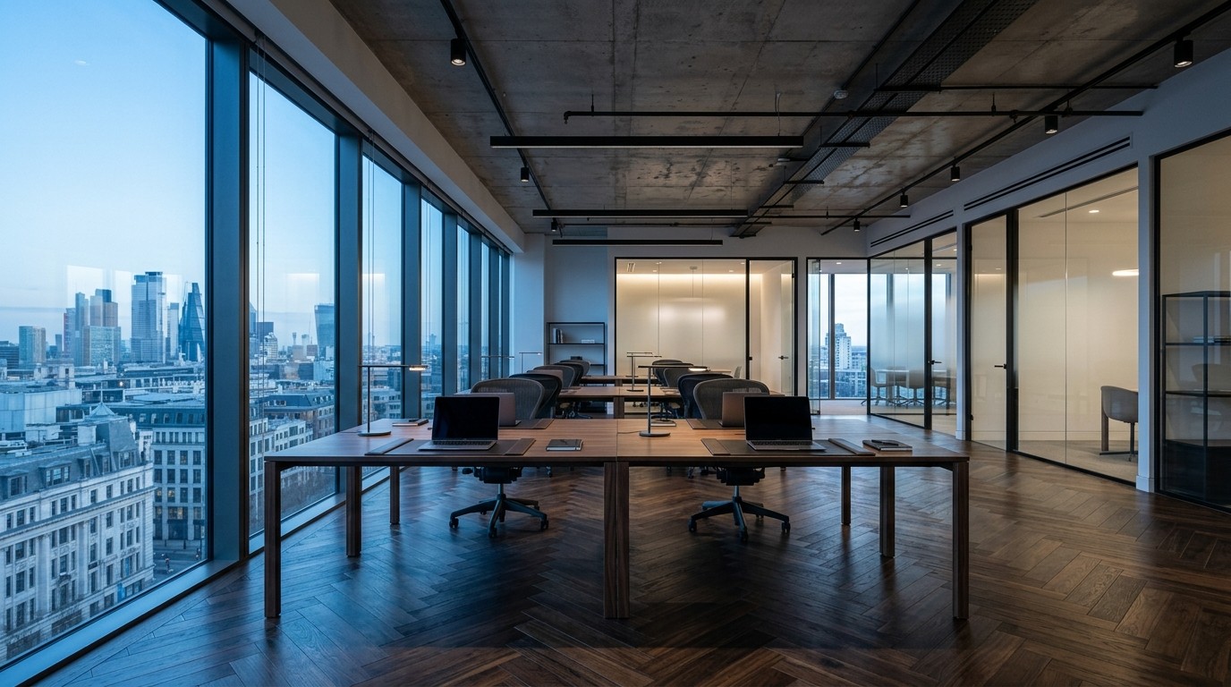 Sleek modern office workspace with city skyline view