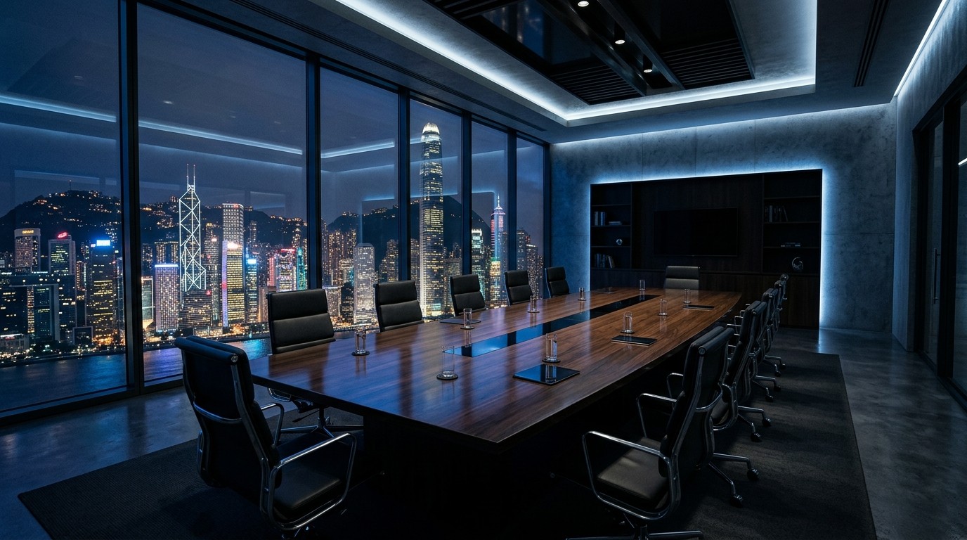 Executive boardroom with city skyline at night