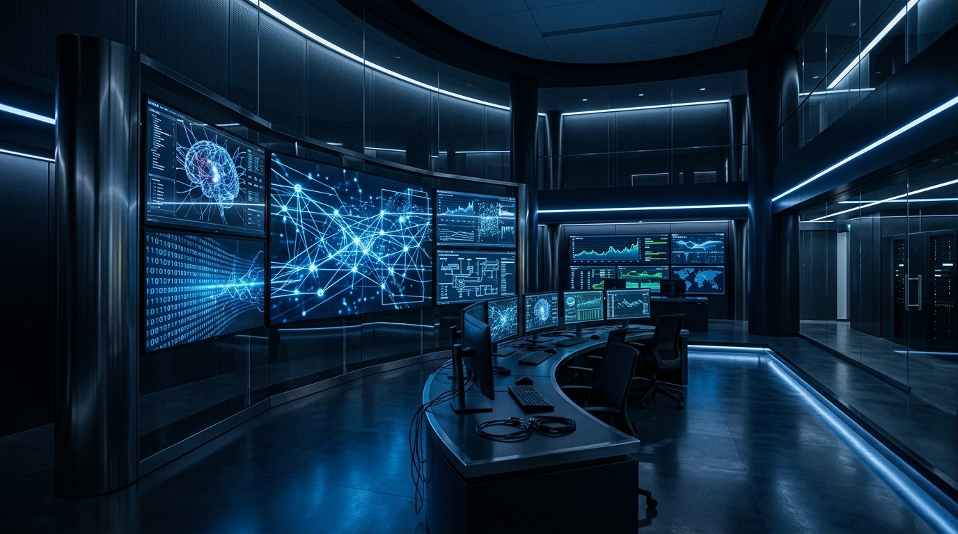 Technology operations centre with glowing data screens